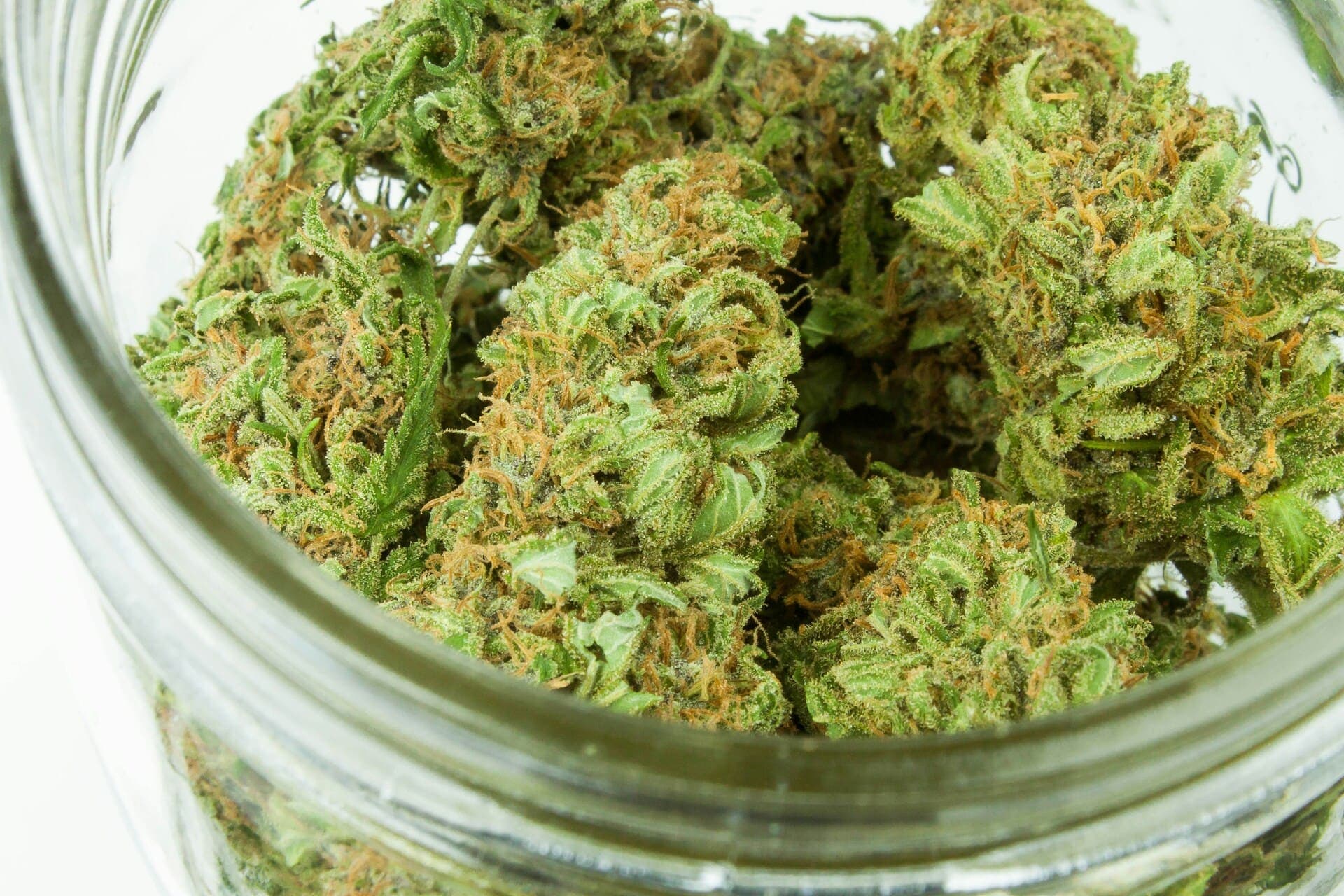 Cannabis flower in an open glass jar, photographed close up